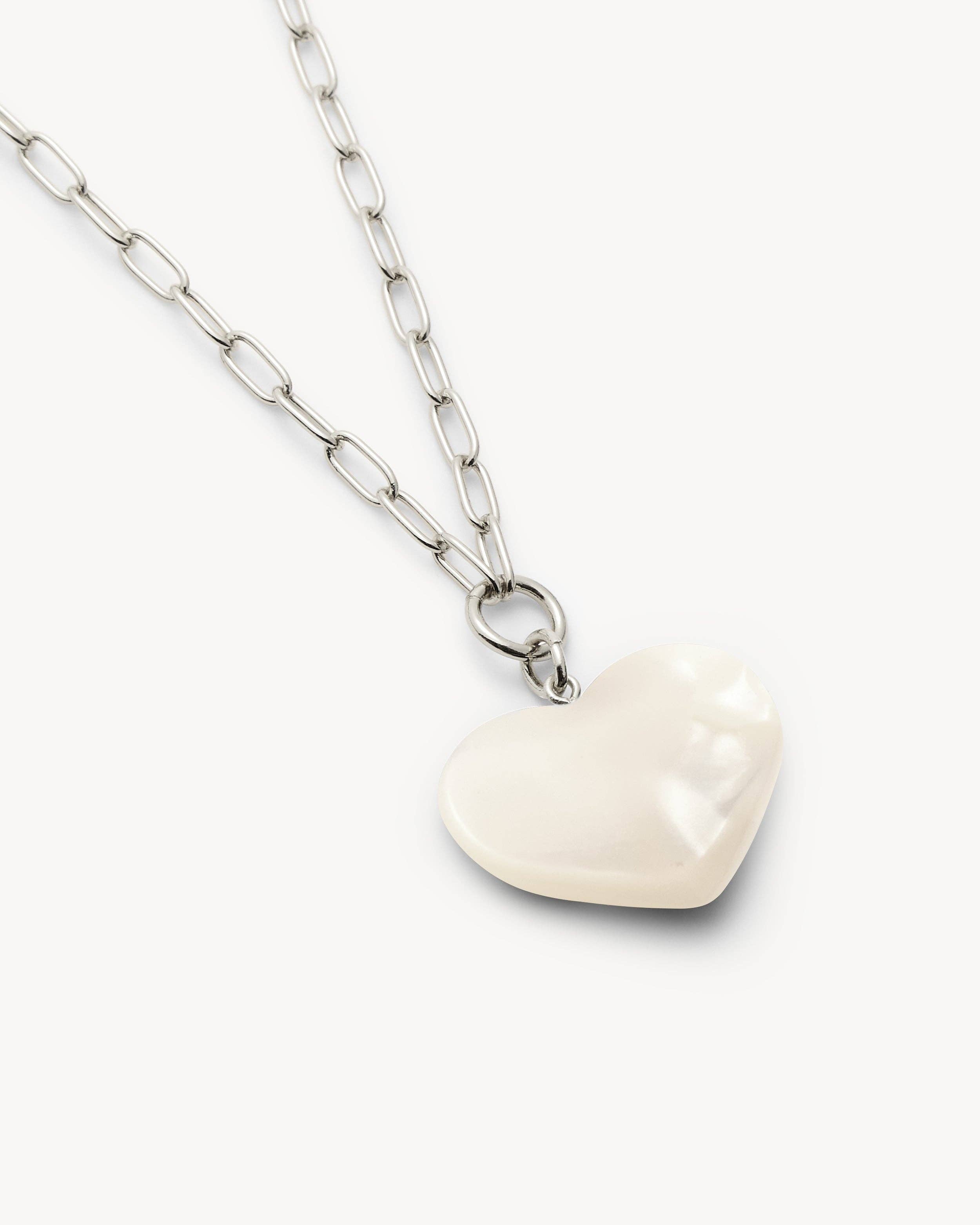 Midi Heart Pendant Necklace in White Shell: Silver